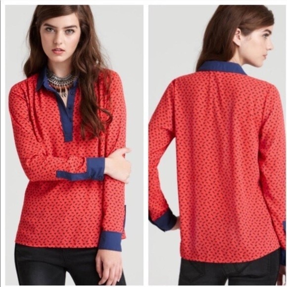Free People Red & Blue Tiny Horse Print Oversize Top Blouse Size Small - Picture 1 of 11